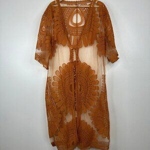 Jardin Elbow Sleeve Kimono Sheer Embroidered Orange Cardi Shawl One Size